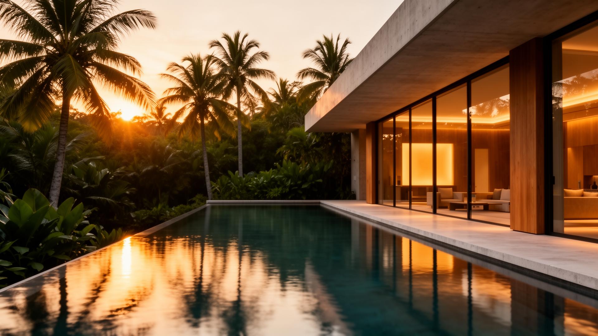 Oceanfront luxury villa with infinity pool at golden hour